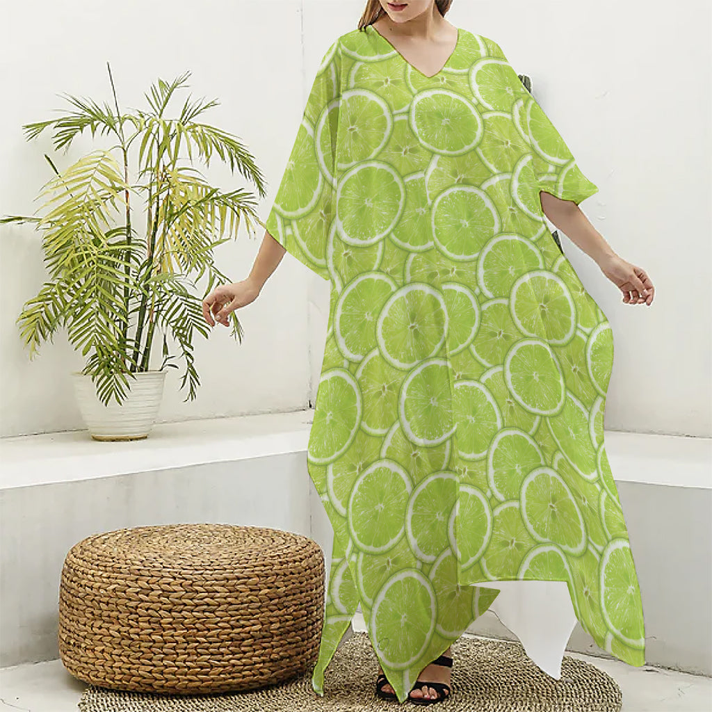 Green Lime Slices Pattern Print Silk V-Neck Kaftan Dress
