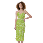 Green Lime Slices Pattern Print Slim Fit Midi Cami Dress