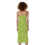 Green Lime Slices Pattern Print Slim Fit Midi Cami Dress