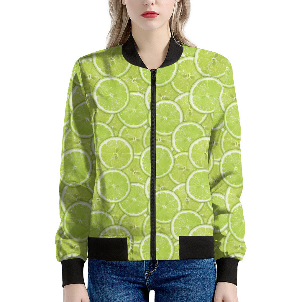 Green Lime Slices Pattern Print Women's Bomber Jacket