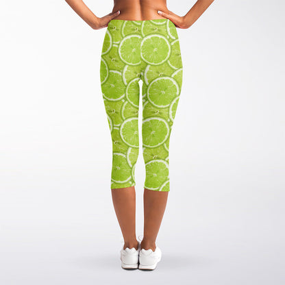 Green Lime Slices Pattern Print Women's Capri Leggings