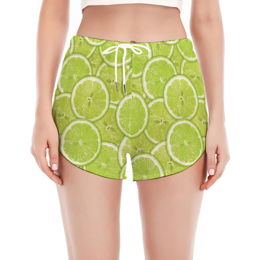 Green Lime Slices Pattern Print Women's Split Running Shorts