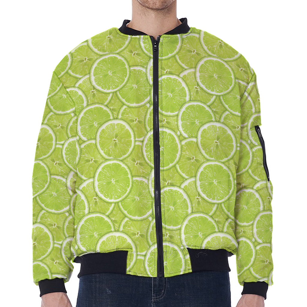 Green Lime Slices Pattern Print Zip Sleeve Bomber Jacket