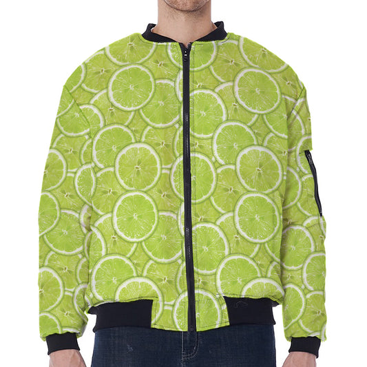 Green Lime Slices Pattern Print Zip Sleeve Bomber Jacket