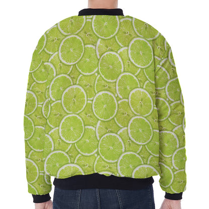 Green Lime Slices Pattern Print Zip Sleeve Bomber Jacket
