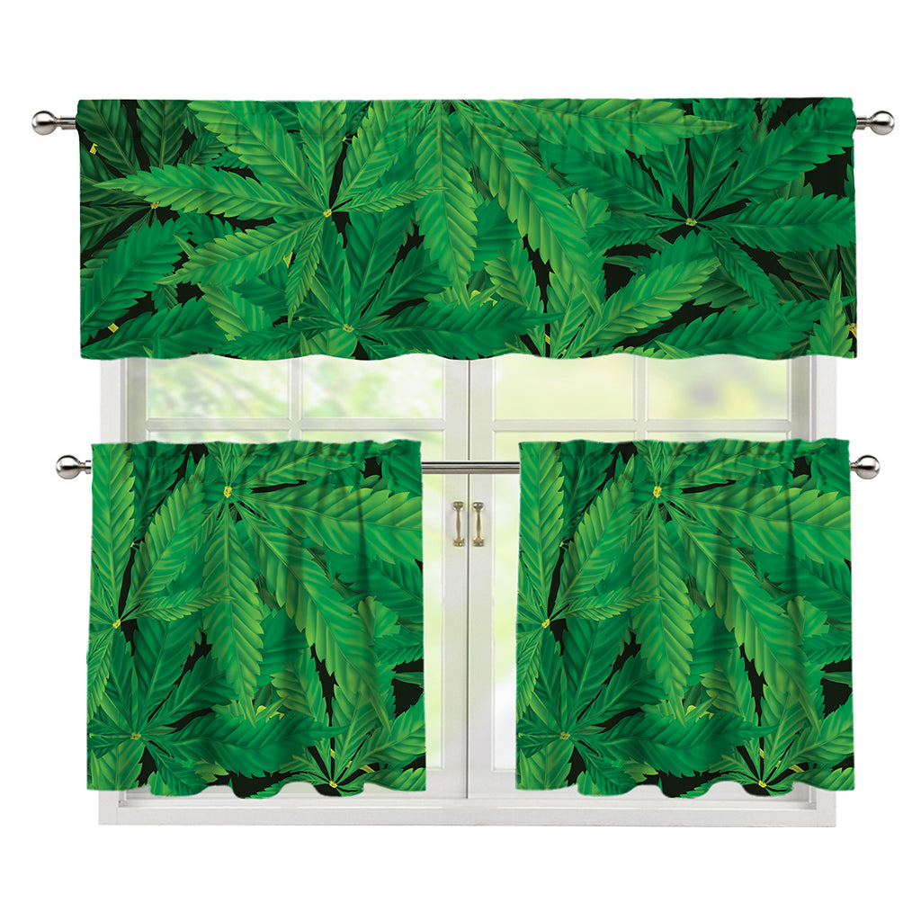 Green Marijuana Leaf Print 3 Piece Kitchen Curtains