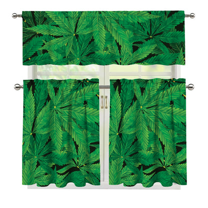 Green Marijuana Leaf Print 3 Piece Kitchen Curtains
