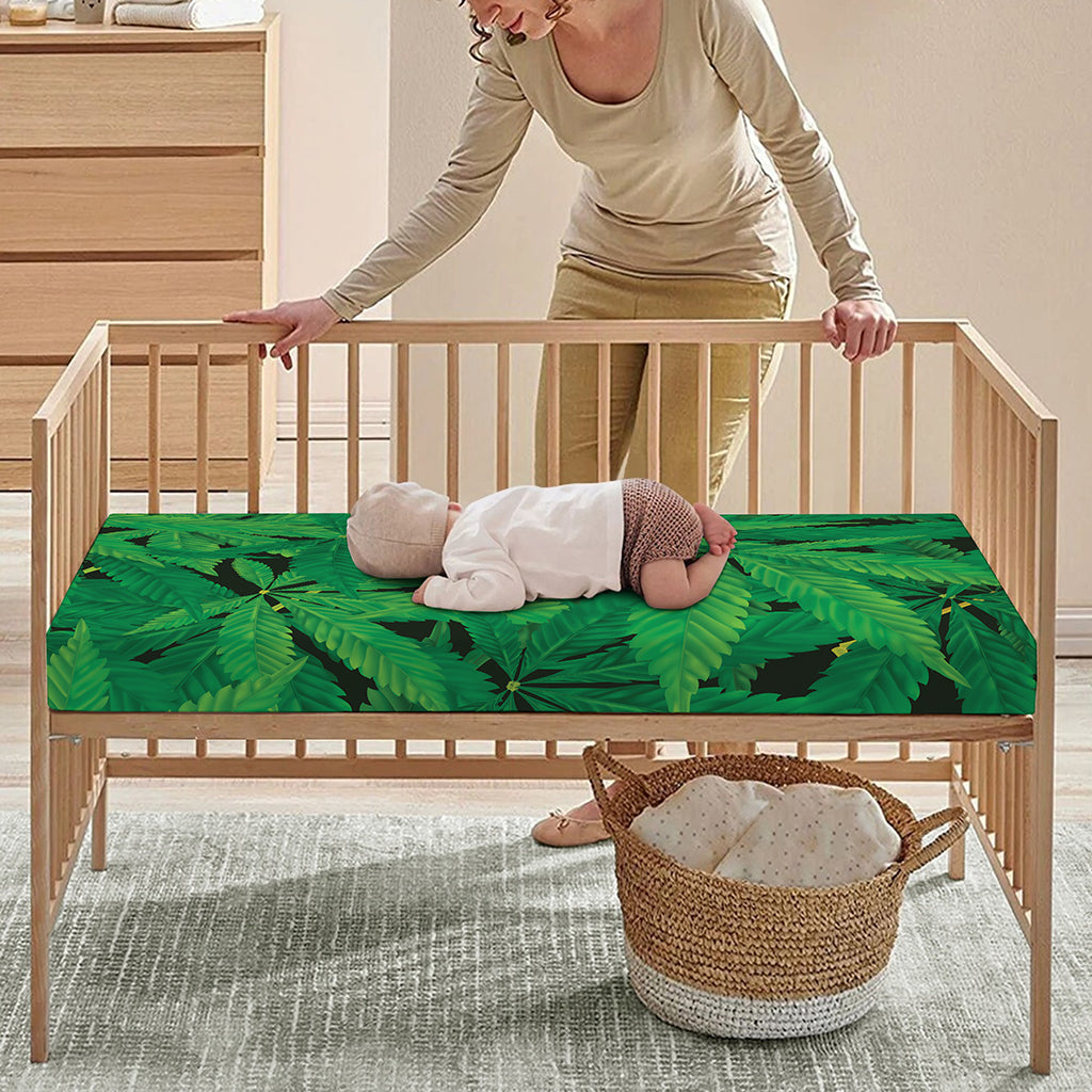 Green Marijuana Leaf Print Baby Crib Sheet