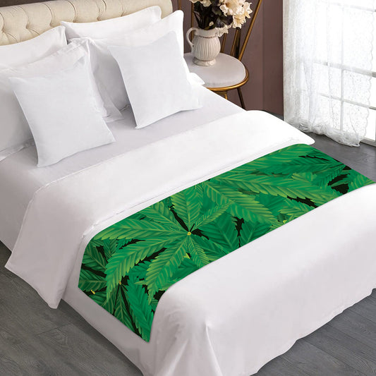 Green Marijuana Leaf Print Bed Runner
