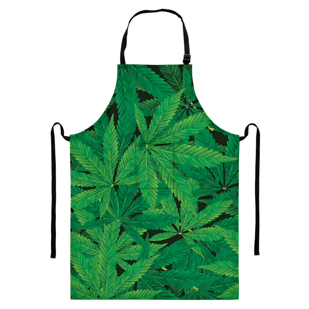 Green Marijuana Leaf Print Bib Apron With Pocket