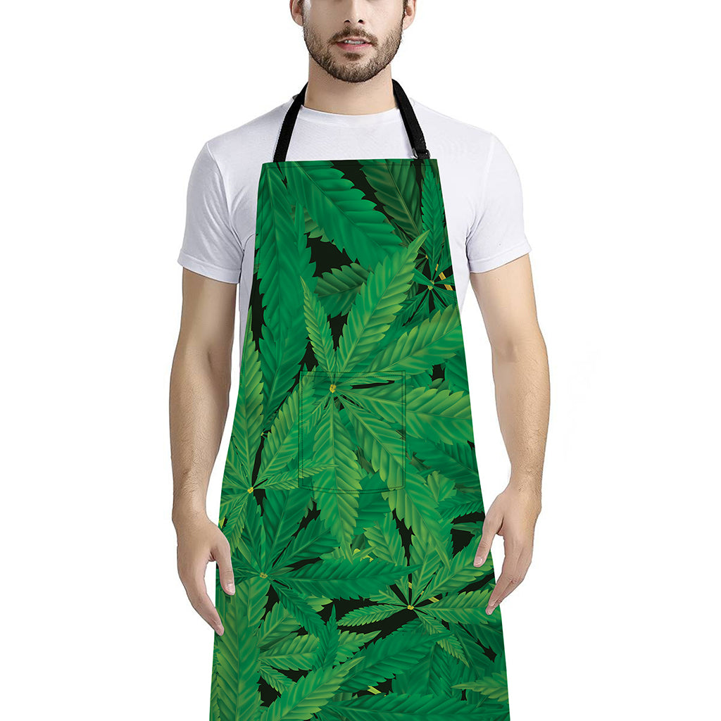 Green Marijuana Leaf Print Bib Apron With Pocket