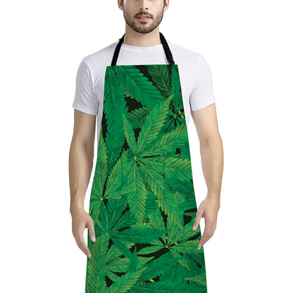 Green Marijuana Leaf Print Bib Apron With Pocket