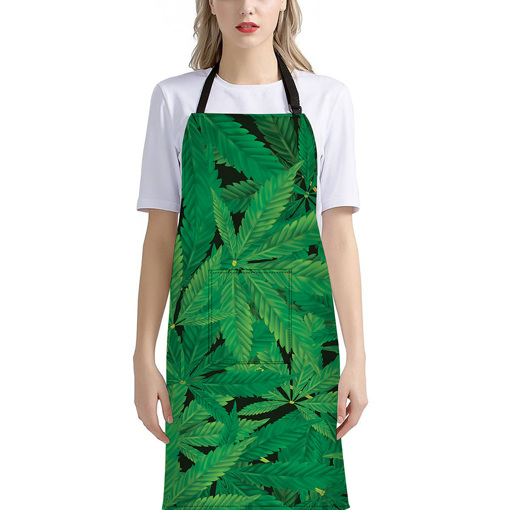 Green Marijuana Leaf Print Bib Apron With Pocket