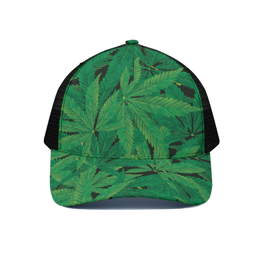 Green Marijuana Leaf Print Black Mesh Trucker Cap