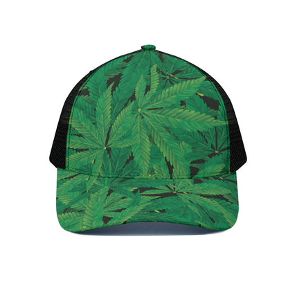 Green Marijuana Leaf Print Black Mesh Trucker Cap
