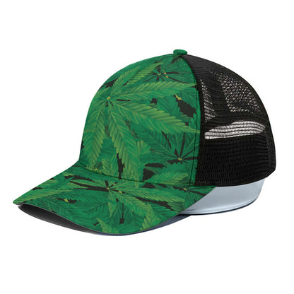 Green Marijuana Leaf Print Black Mesh Trucker Cap
