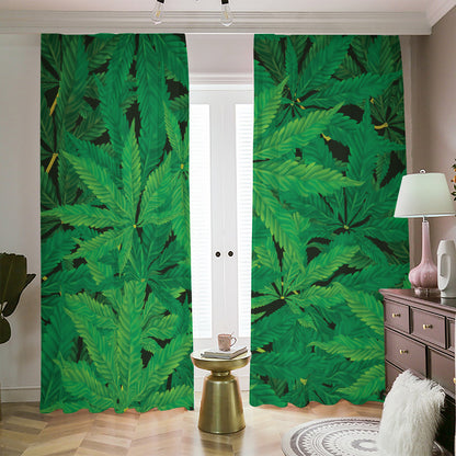 Green Marijuana Leaf Print Blackout Pencil Pleat Curtains