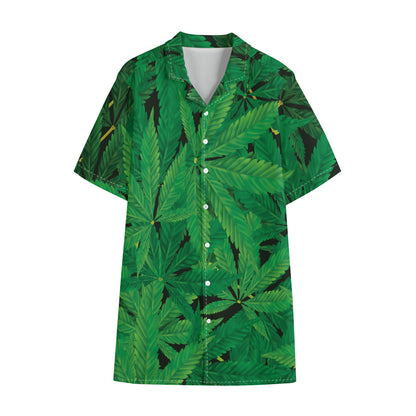 Green Marijuana Leaf Print Cotton Hawaiian Shirt