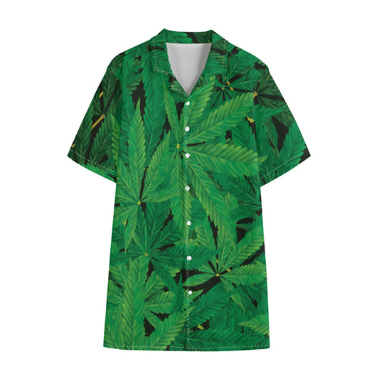 Green Marijuana Leaf Print Cotton Hawaiian Shirt