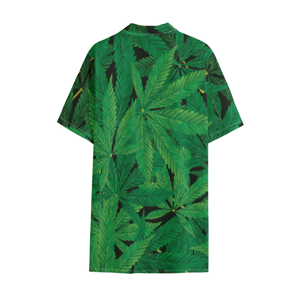 Green Marijuana Leaf Print Cotton Hawaiian Shirt