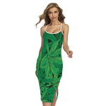 Green Marijuana Leaf Print Cross Back Cami Dress
