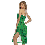 Green Marijuana Leaf Print Cross Back Cami Dress