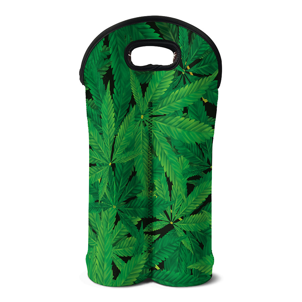 Green Marijuana Leaf Print Double Neoprene Wine Tote