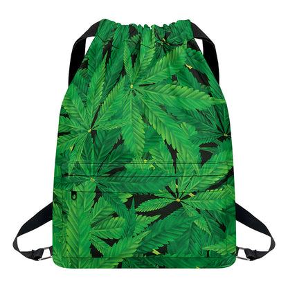 Green Marijuana Leaf Print Drawstring Backpack