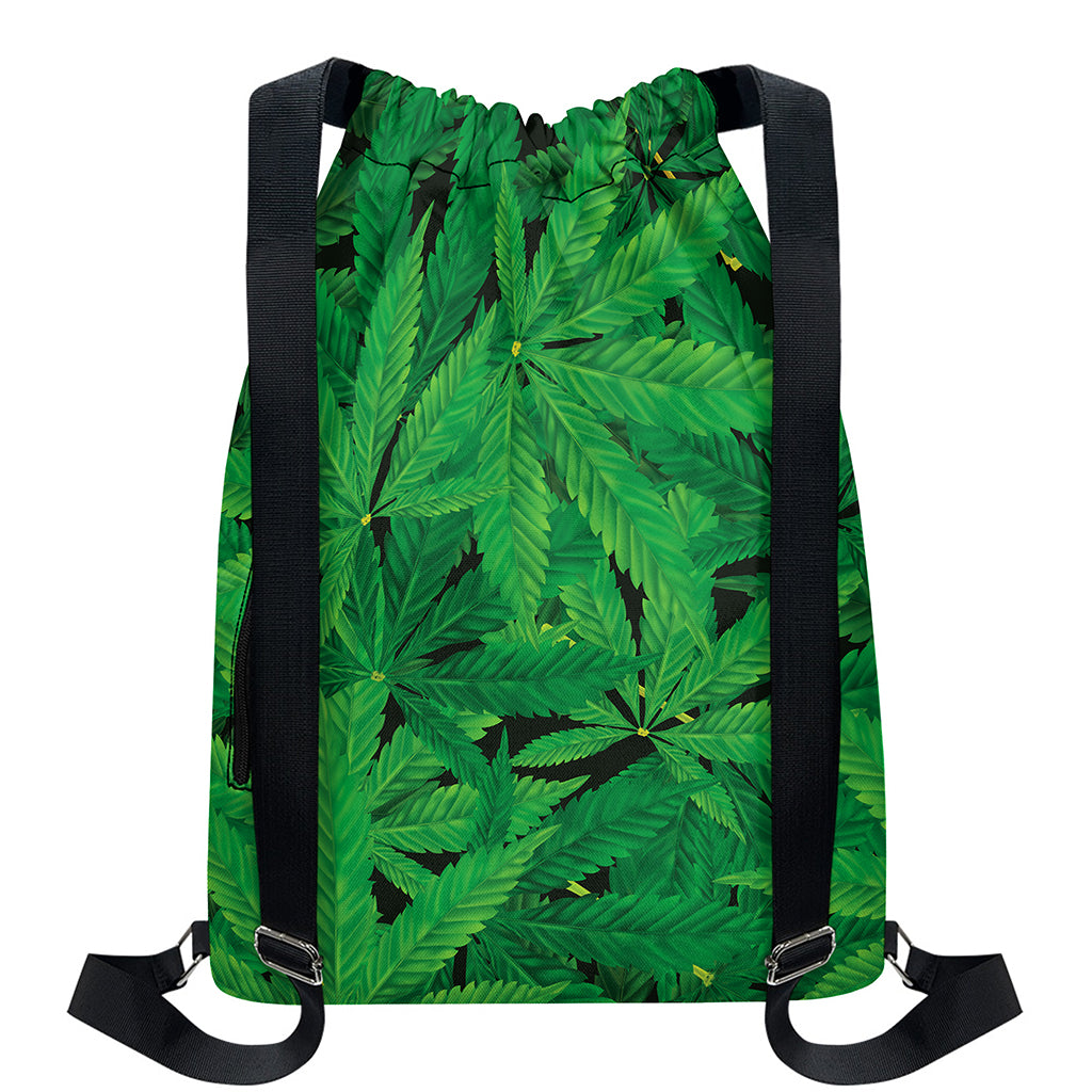 Green Marijuana Leaf Print Drawstring Backpack