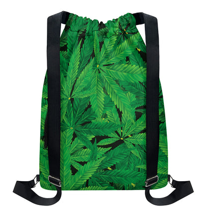 Green Marijuana Leaf Print Drawstring Backpack