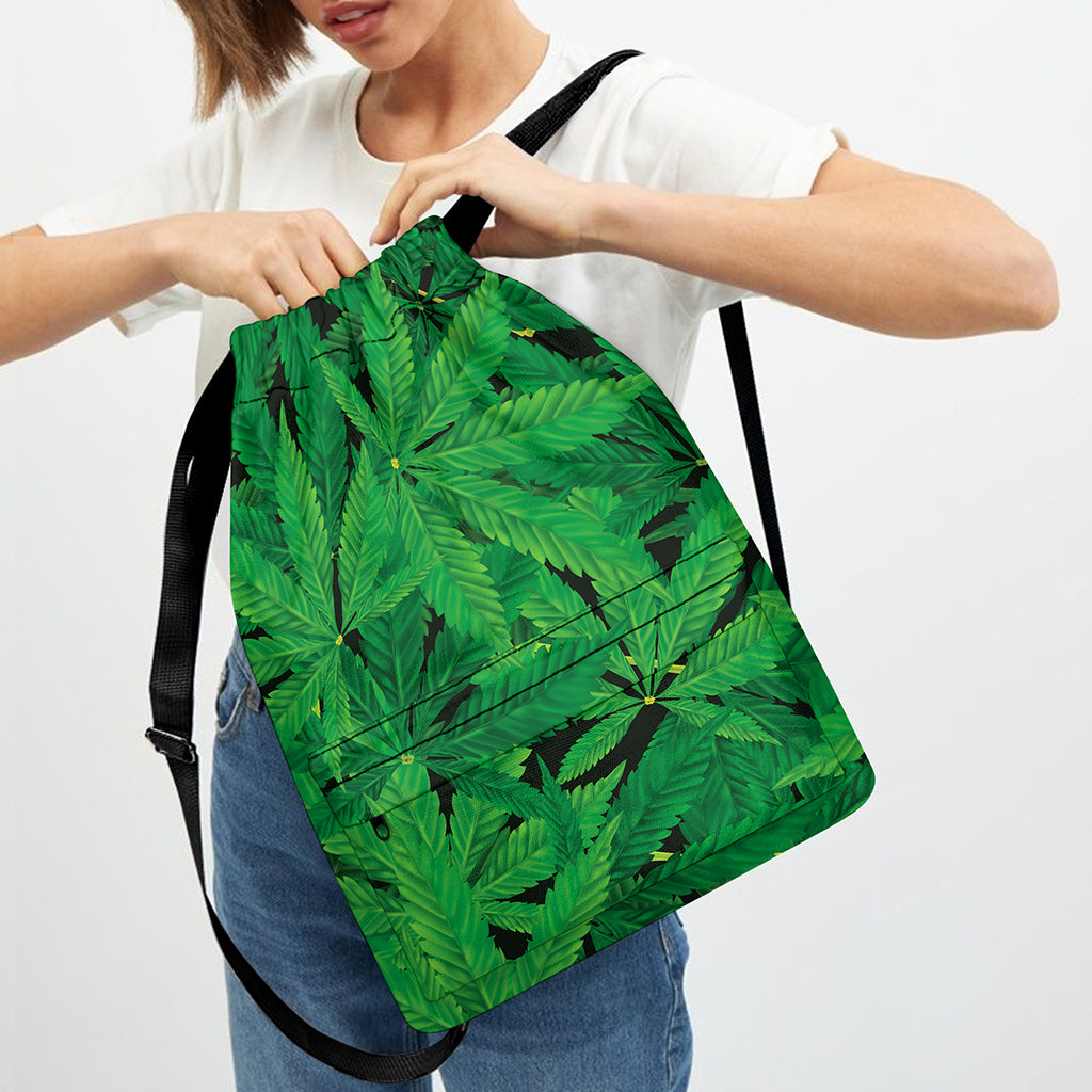 Green Marijuana Leaf Print Drawstring Backpack