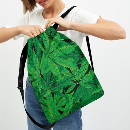 Green Marijuana Leaf Print Drawstring Backpack
