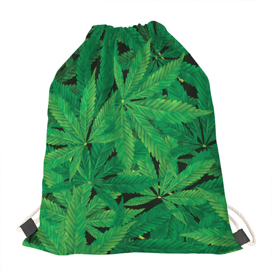 Green Marijuana Leaf Print Drawstring Bag