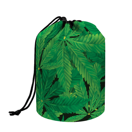 Green Marijuana Leaf Print Drawstring Makeup Bag