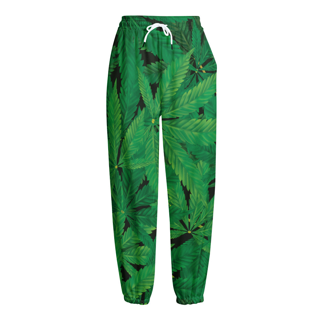 Green Marijuana Leaf Print Fleece Lined Knit Pants