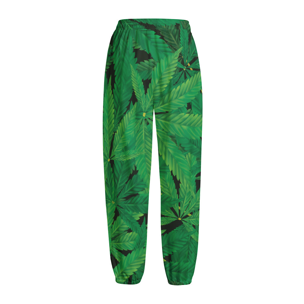 Green Marijuana Leaf Print Fleece Lined Knit Pants
