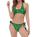 Green Marijuana Leaf Print Halter Scoop Tie Side Bikini