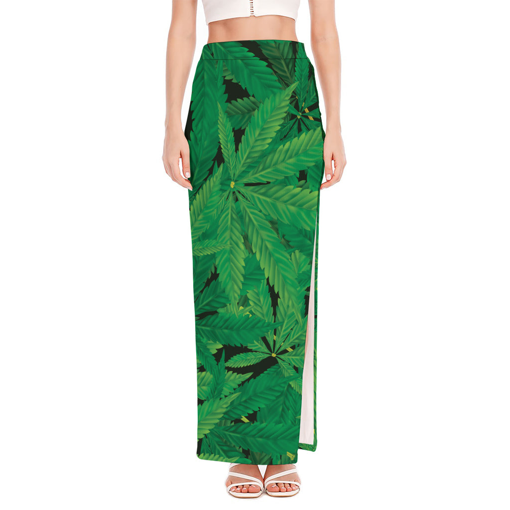 Green Marijuana Leaf Print High Slit Maxi Skirt