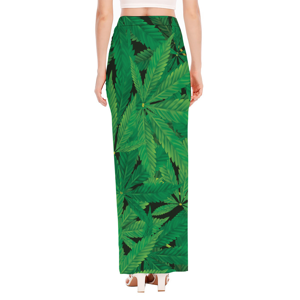 Green Marijuana Leaf Print High Slit Maxi Skirt