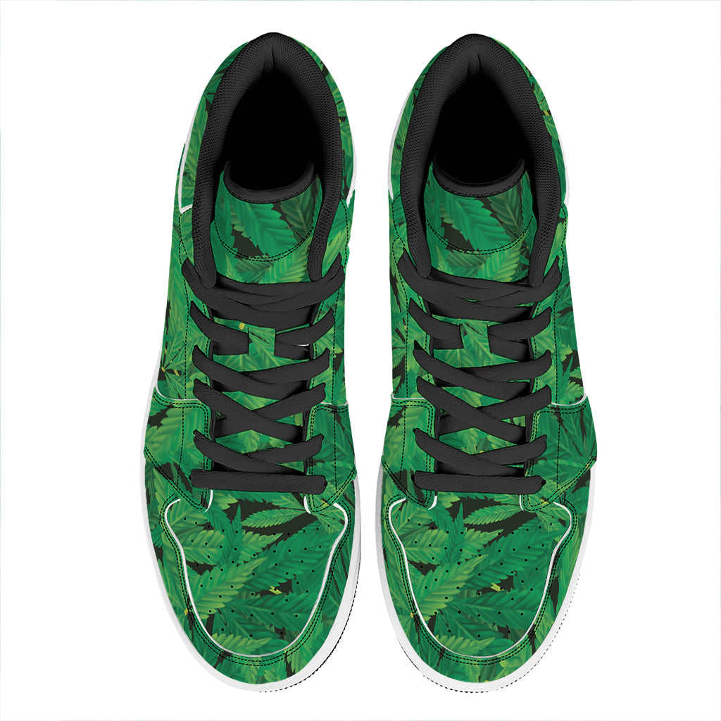 Green Marijuana Leaf Print High Top Leather Sneakers