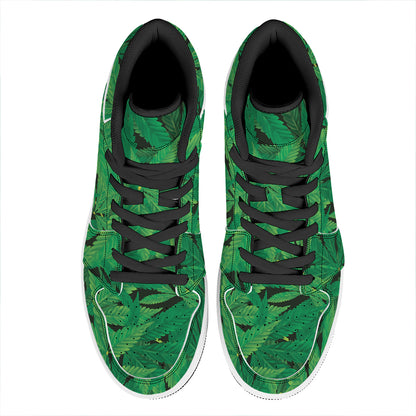 Green Marijuana Leaf Print High Top Leather Sneakers