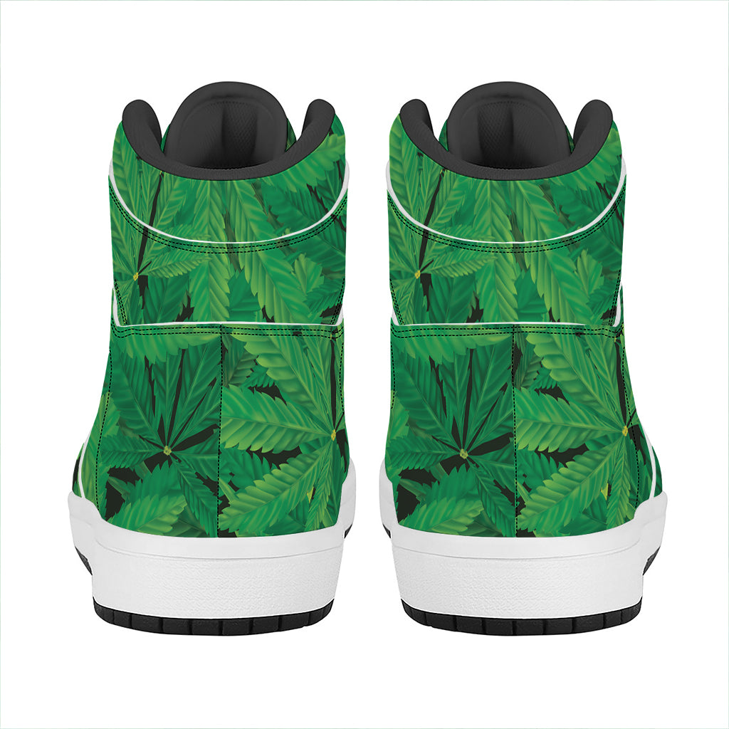 Green Marijuana Leaf Print High Top Leather Sneakers
