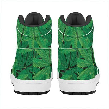 Green Marijuana Leaf Print High Top Leather Sneakers