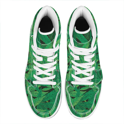 Green Marijuana Leaf Print High Top Leather Sneakers