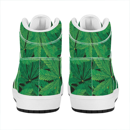 Green Marijuana Leaf Print High Top Leather Sneakers