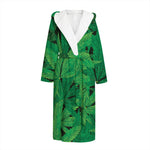 Green Marijuana Leaf Print Hooded Bathrobe