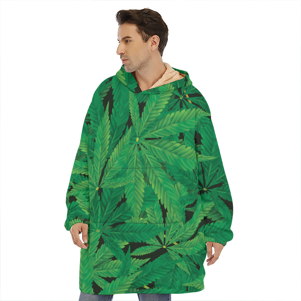 Green Marijuana Leaf Print Hoodie Blanket