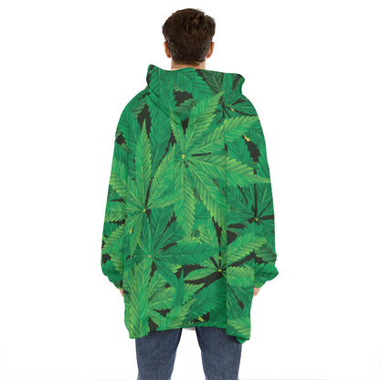 Green Marijuana Leaf Print Hoodie Blanket