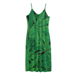 Green Marijuana Leaf Print Jersey Midi Cami Dress