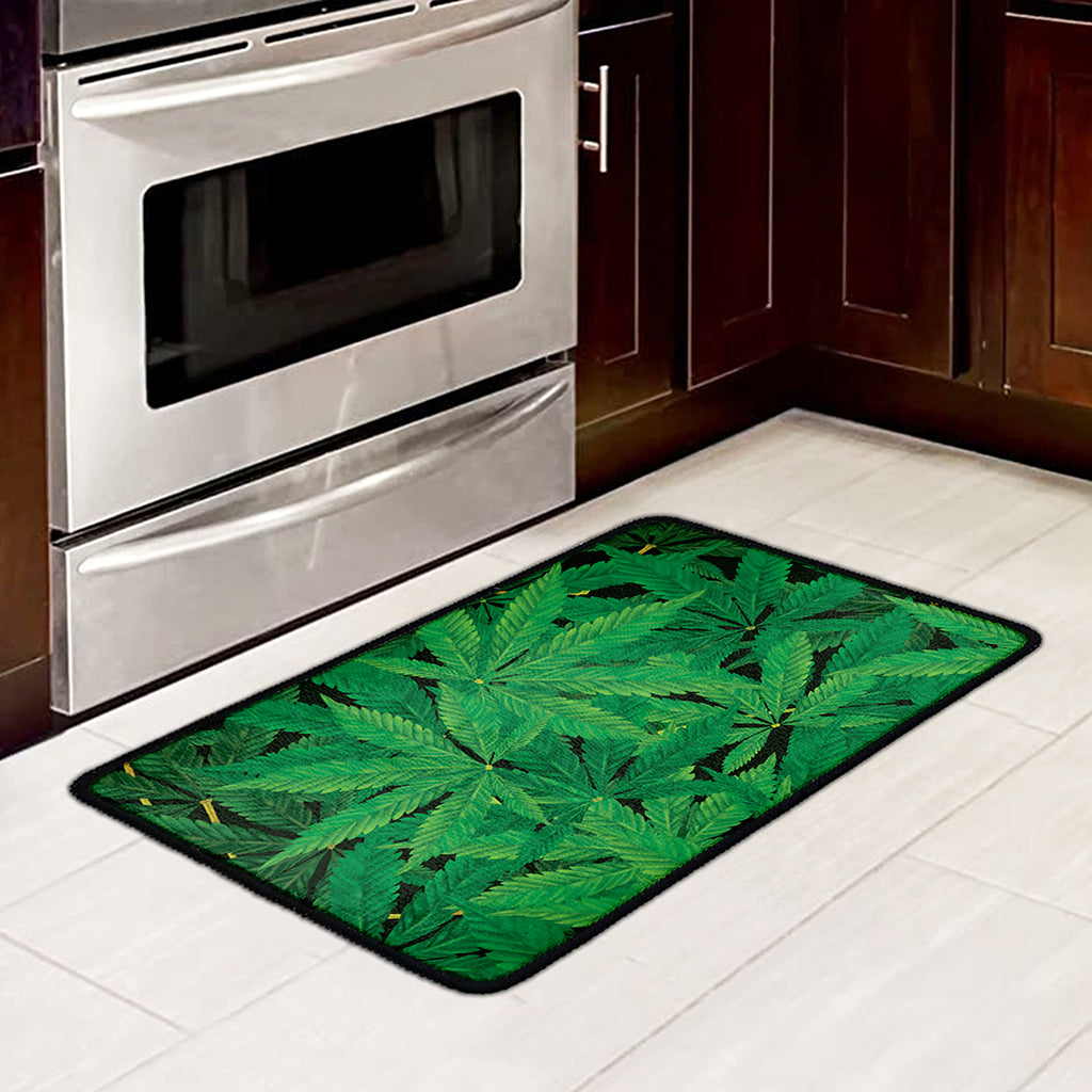 Green Marijuana Leaf Print Kitchen Mat